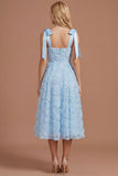 Sky Blue Floral A Line Thick Straps Appliqued Long Formal Dress