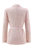 Sparkly Sequin Pink 2 Piece Pencil Midi Prom Suits with Sash
