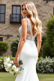 V Neck Ivory Satin Sweep Train Mermaid Wedding Dress with Slit