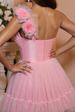 Floral Pink Tulle A Line One Shoulder Short Prom Dress