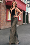 Black V Neck Embroidered Backless Mermaid Dress
