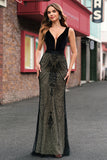 Black V Neck Embroidered Backless Mermaid Dress
