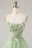 Sparkly Floral Green Tiered Beaded Long Corset Prom Dress with Ruffles