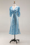 Sparkly Champagne Sequins Half Sleeves Long Formal Dress with Slit