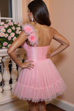 Floral Pink Tulle A Line One Shoulder Short Prom Dress