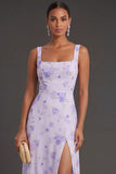 Floral Lilac Thick Straps Sheath Long Formal Dress with Slit