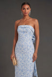Sheath Blue Jacquard Floral Strapless Long Formal Dress with Slit