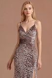 Floral Golden Leopard Mermaid Spaghetti Straps Sleeveless Long Prom Dress with Slit