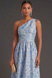 Blue Floral Jacquard A Line One Shoulder Long Formal Dress