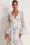 Light Blue A Line Floral Appliqued V Neck Flutter Sleeves Long Wedding Guest Dress