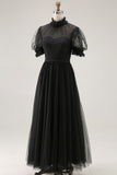 Black Long  High Neck A Line Evening Party Dress with Sleeves
