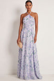 Light Purple Floral Halter Neck A Line Long Wedding Guest Dress with Cape