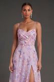 Lilac A Line Spaghetti Straps Embroidered Floral Long Formal Dress