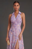 Lilac Floral A Line Halter Neck Embroidered Long Formal Dress
