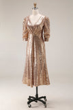 Sparkly Champagne Sequins Half Sleeves Long Formal Dress with Slit