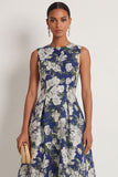 Floral Navy A Line Round Neck Long Formal Dress