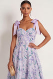 Light Purple Floral Thick Straps High Low Wedding Guest Dress with Bow
