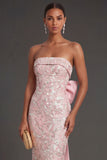 Pink Floral Jacquard Strapless Sheath Appliqued Long Formal Dress