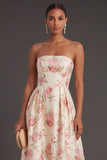 White Pink Floral Ruffled Strapless Backless High Low Formal Dress