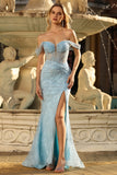 Sparkly Blue Mermaid Off the Shoulder Maxi Corset Prom Dress with Slit