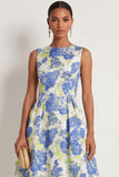 A Line Blue Daffodil Floral Round Neck Sleeveless Long Formal Dress