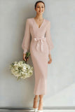 White V-Neck Sheath Long Sleeves Wedding Dress with Bow