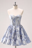 Fluffy Blue Corset Floral Short Homecoming Dress Strapless A Line Hoco Dress