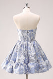 Fluffy Blue Corset Floral Strapless Short Cocktail Dress