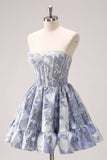 Fluffy Blue Corset Floral Strapless Short Cocktail Dress