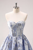 Fluffy Blue Corset Floral Strapless Short Cocktail Dress