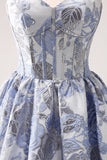 Fluffy Blue Corset Floral Strapless Short Cocktail Dress