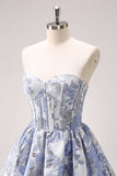 Fluffy Blue Corset Floral Strapless Short Cocktail Dress