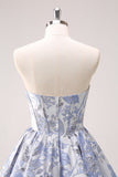 Fluffy Blue Corset Floral Strapless Short Cocktail Dress