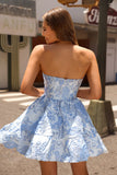 Fluffy Blue Corset Floral Strapless Short Cocktail Dress