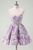 Fluffy Blue Corset Floral Strapless Short Cocktail Dress