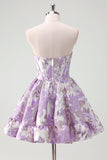 Fluffy Blue Corset Floral Strapless Short Cocktail Dress