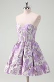 Fluffy Blue Corset Floral Strapless Short Cocktail Dress
