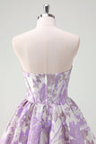Fluffy Blue Corset Floral Strapless Short Cocktail Dress