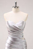 Silver Strapless Hollow Out Pleated Tight Prom Dress with Beading