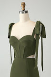 Dusty Sage A Line Corset Boning Cut Out Wedding Guest Dress with Slit