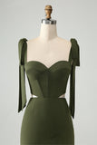 Olive Spaghetti Straps Corset Hollow Out Wedding Guest Dress with Slit