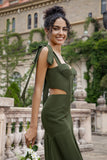 Olive Spaghetti Straps Corset Hollow Out Wedding Guest Dress with Slit