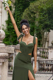 Olive Spaghetti Straps Corset Hollow Out Wedding Guest Dress with Slit
