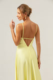 Yellow A Line Halter Cut Out Backless Satin Bridesmaid Dress