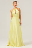 Yellow A Line Halter Cut Out Backless Satin Bridesmaid Dress