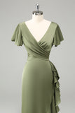 Twilight V Neck Satin Sheath Ruffled Asymmetrical Wedding Guest Dress