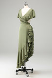 Twilight V Neck Satin Sheath Ruffled Asymmetrical Wedding Guest Dress