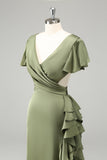 Twilight V Neck Satin Sheath Ruffled Asymmetrical Wedding Guest Dress
