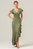 Olive V Neck Satin Sheath Wedding Guest Dress with Ruffles