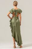 Olive V Neck Satin Sheath Wedding Guest Dress with Ruffles